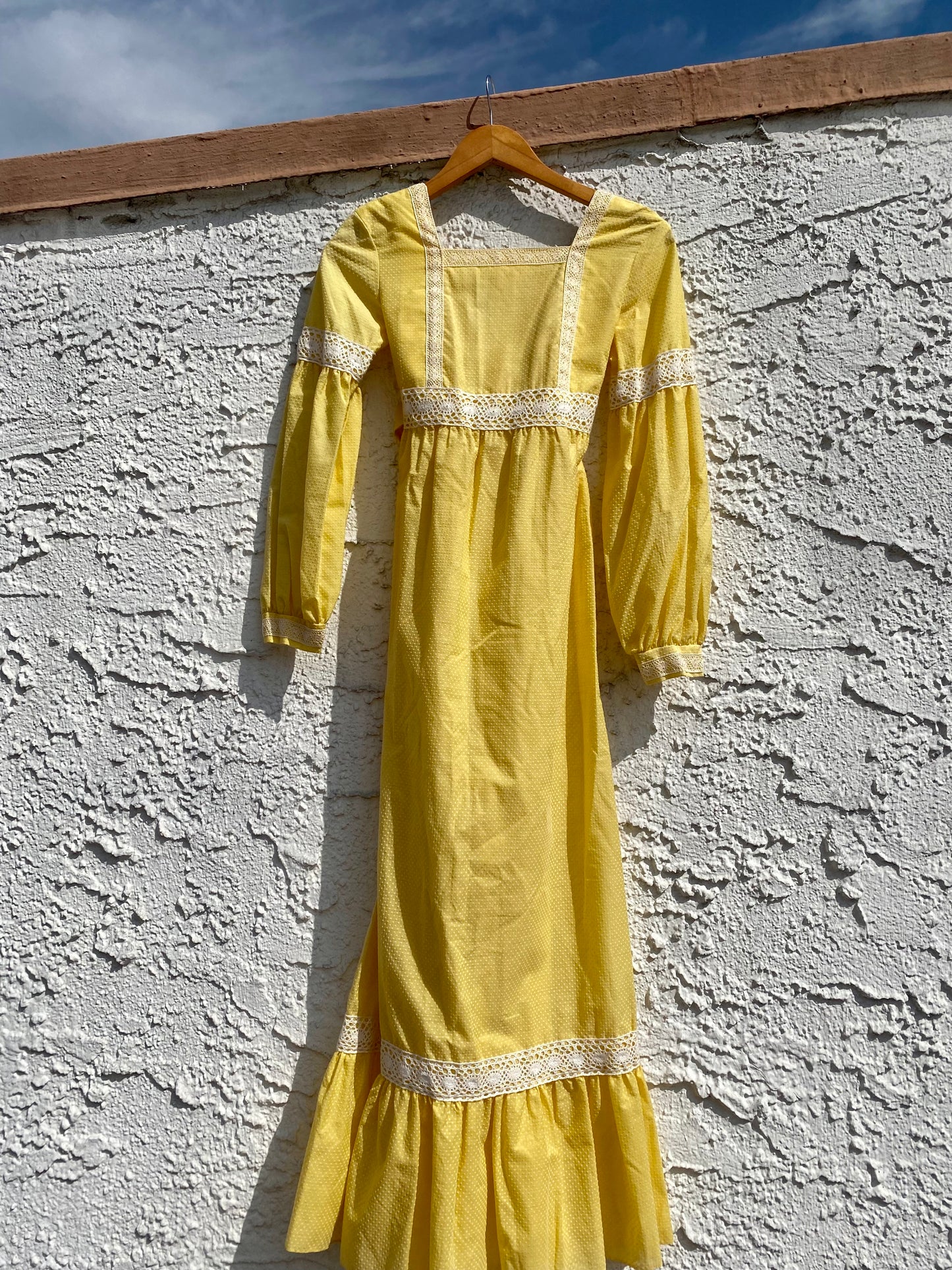 Vintage 1970s Dandelion Yellow Swiss Dot Prairie Maxi Dress