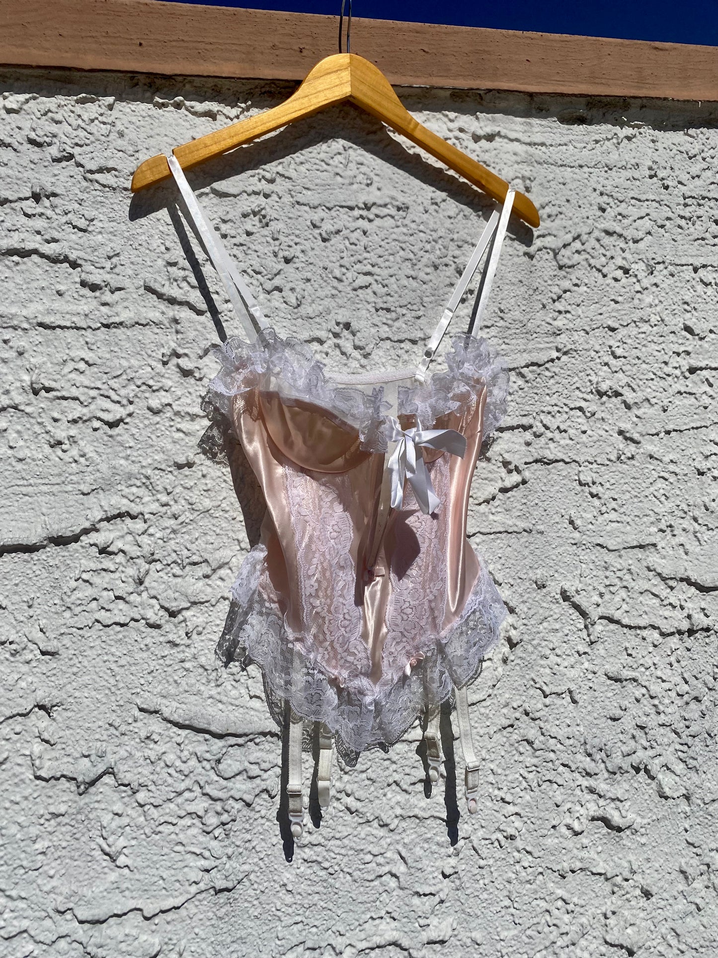 Vintage Champagne Pink Satin & Lace Bustier with Garters