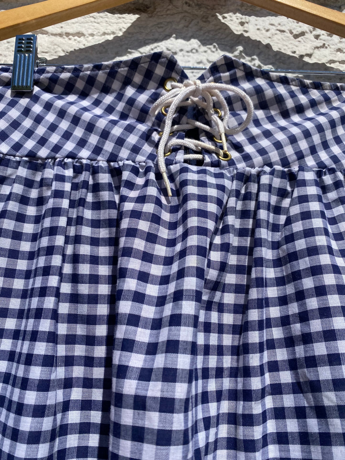Vintage 1970s Blue and White Gingham Lace-Up Prairie Maxi Skirt