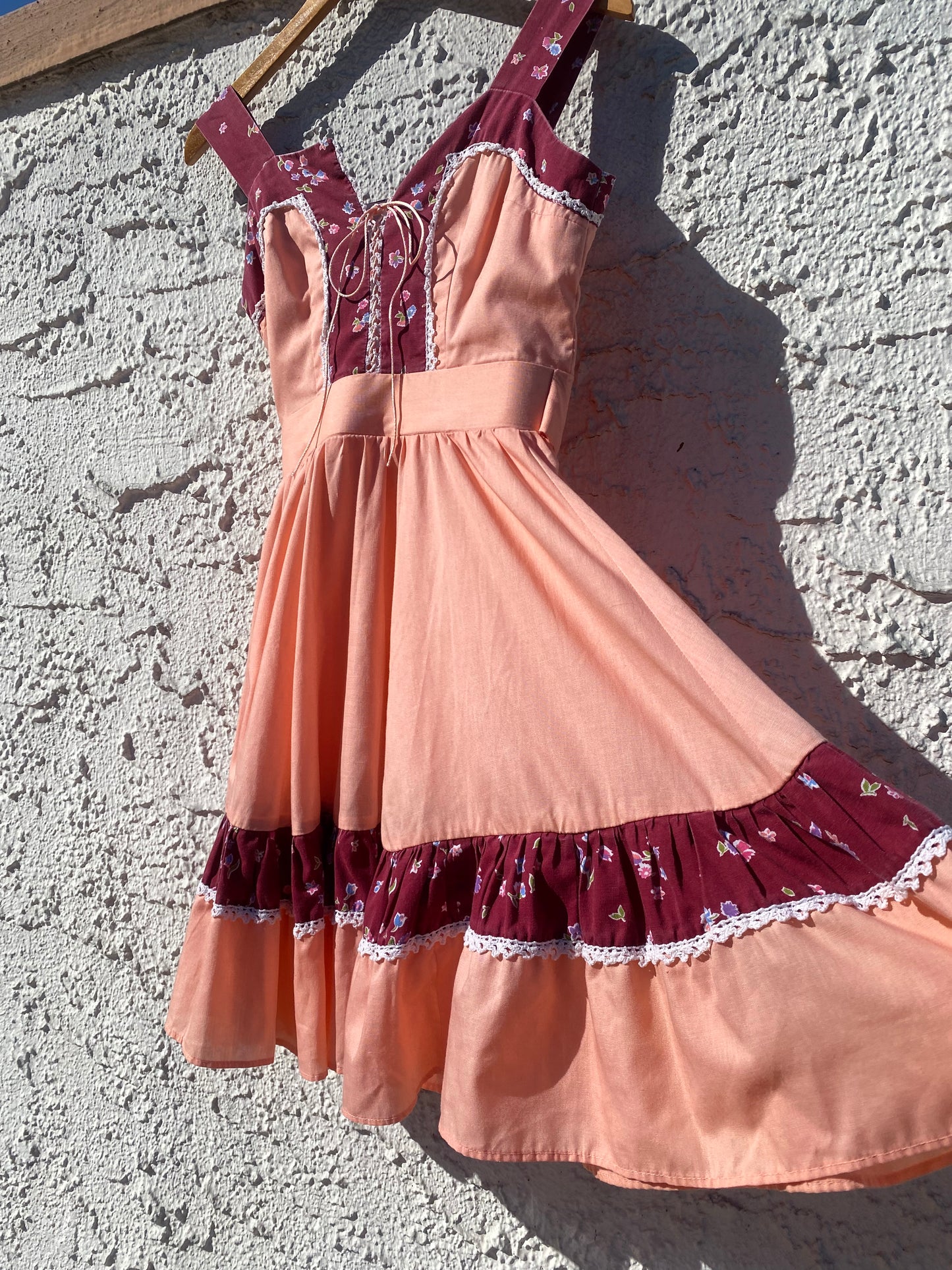 Vintage 60s 70s Peach Peasant Prairie Dress