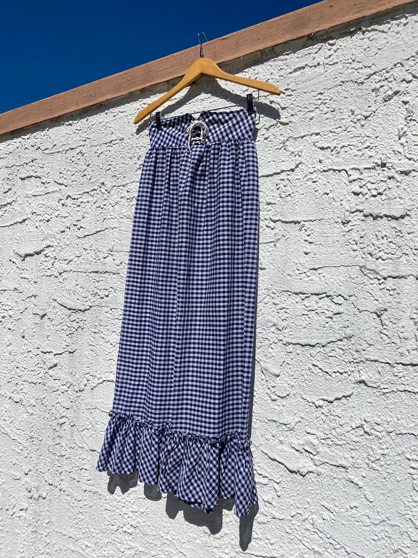 Vintage 1970s Blue and White Gingham Lace-Up Prairie Maxi Skirt