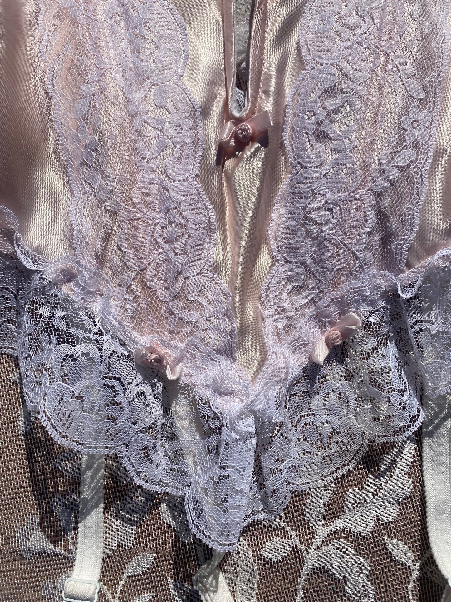 Vintage Champagne Pink Satin & Lace Bustier with Garters