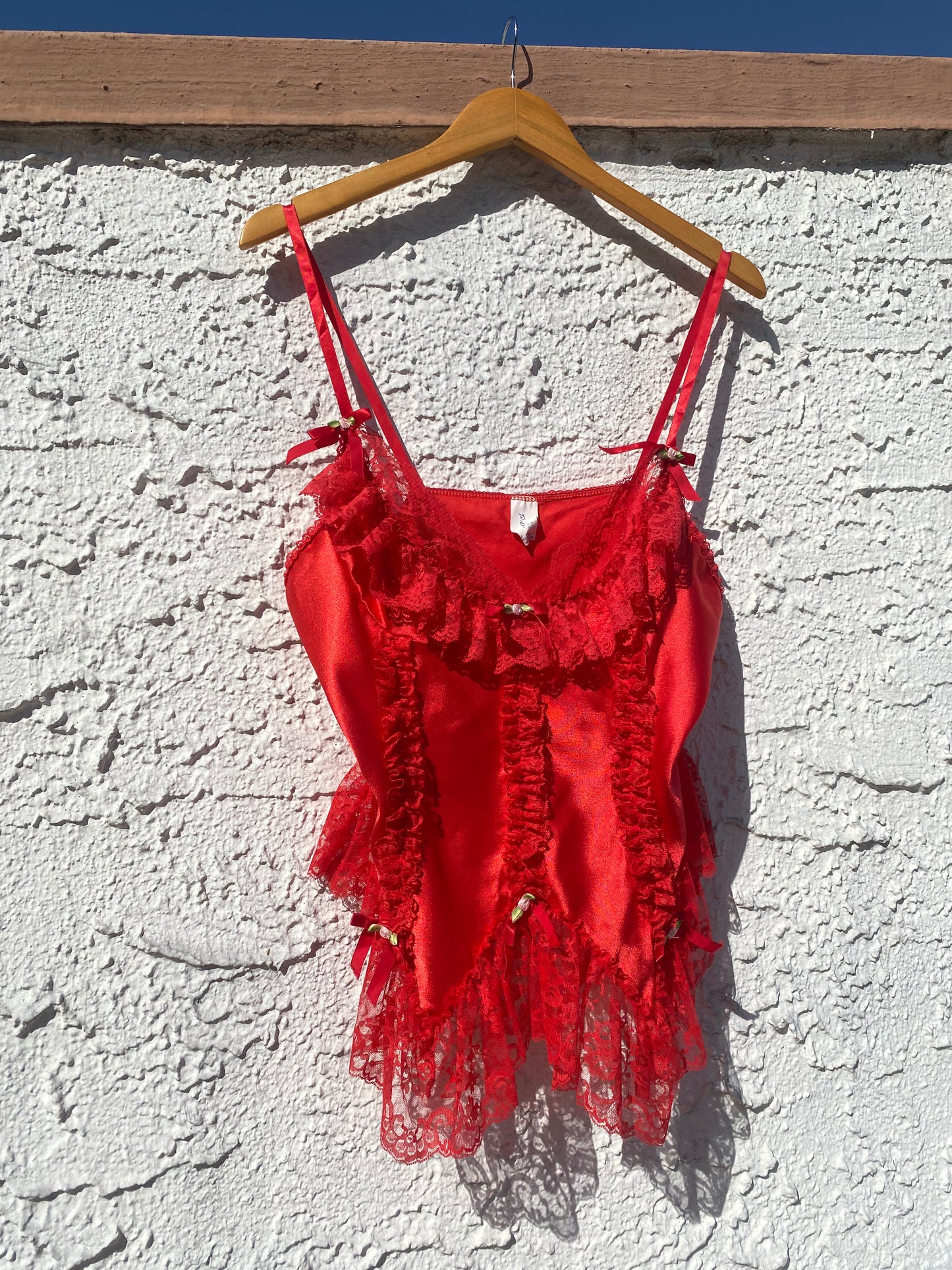 Vintage Scarlet Satin Lace Ruffle  Rosette Cami