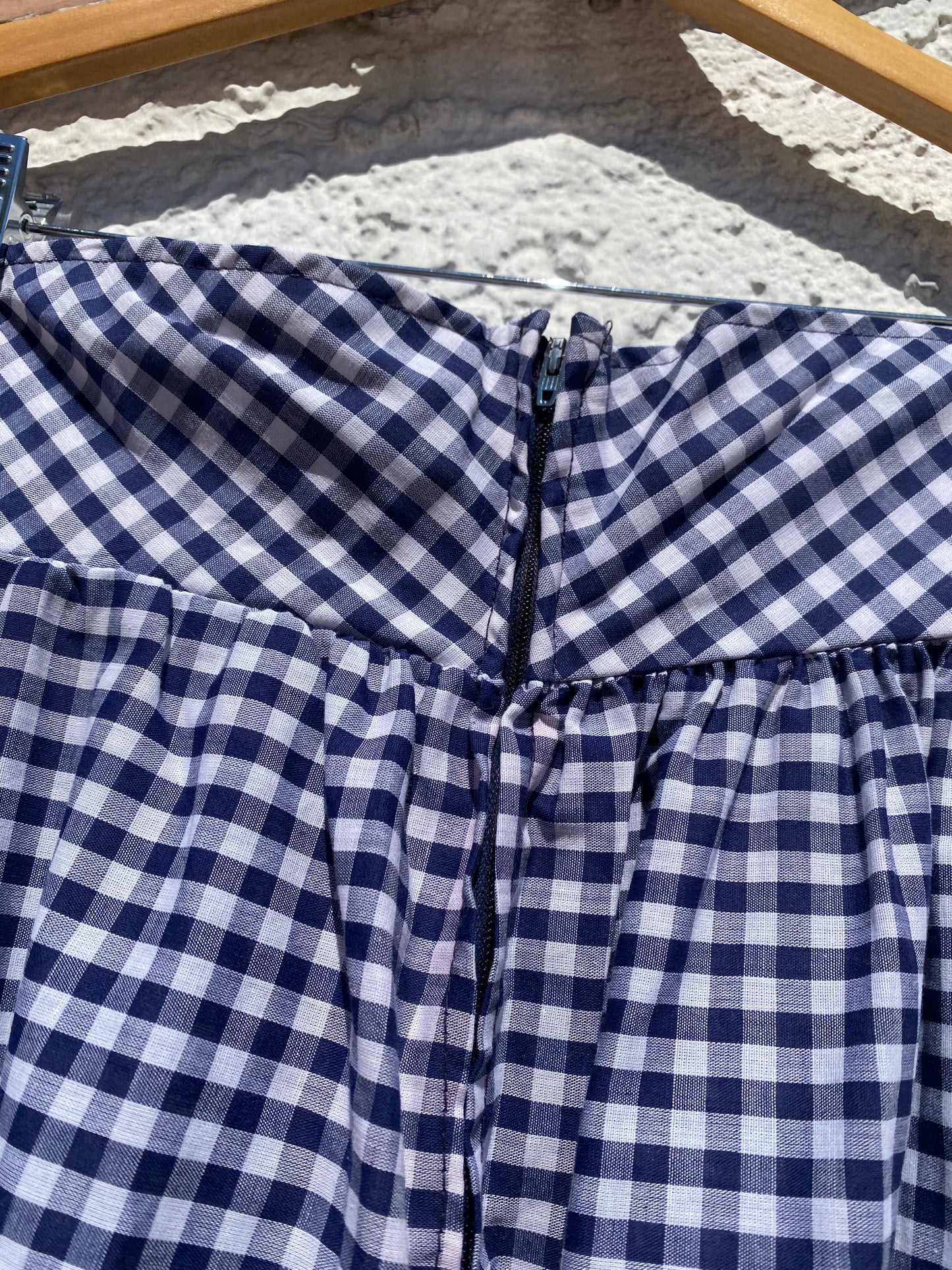 Vintage 1970s Blue and White Gingham Lace-Up Prairie Maxi Skirt