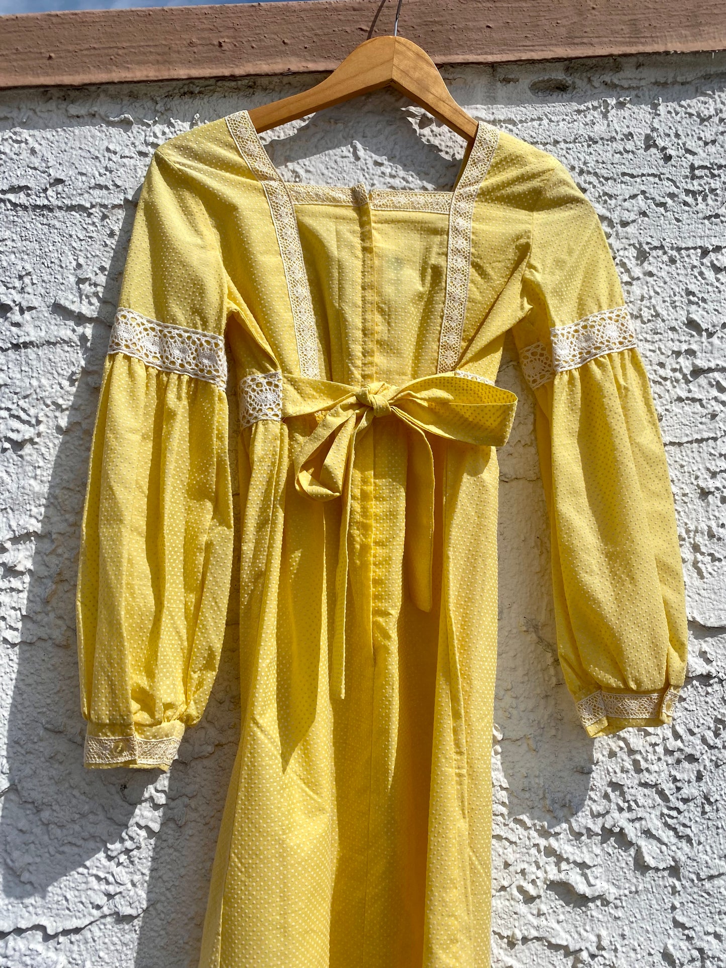 Vintage 1970s Dandelion Yellow Swiss Dot Prairie Maxi Dress