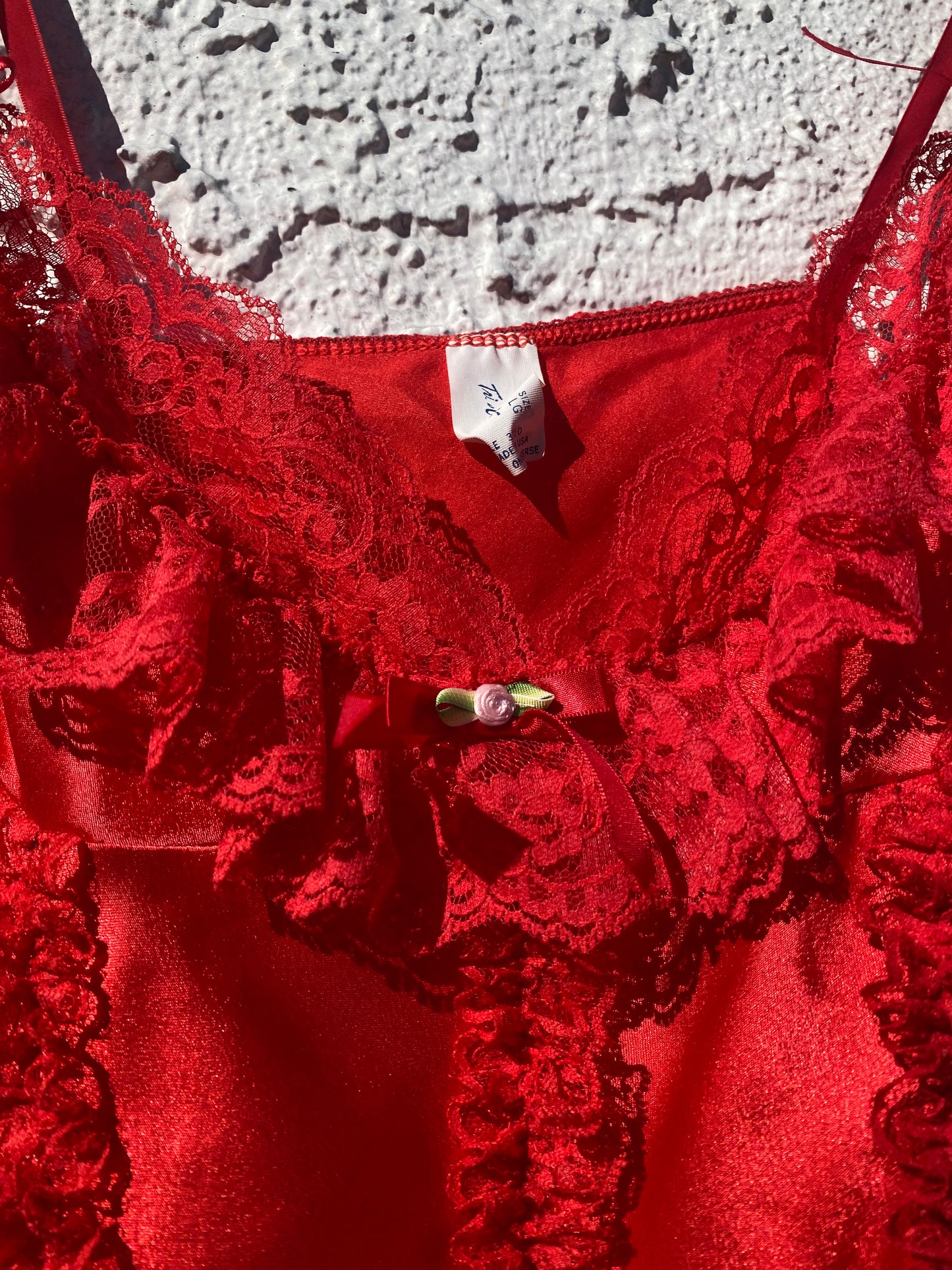 Vintage Scarlet Satin Lace Ruffle  Rosette Cami