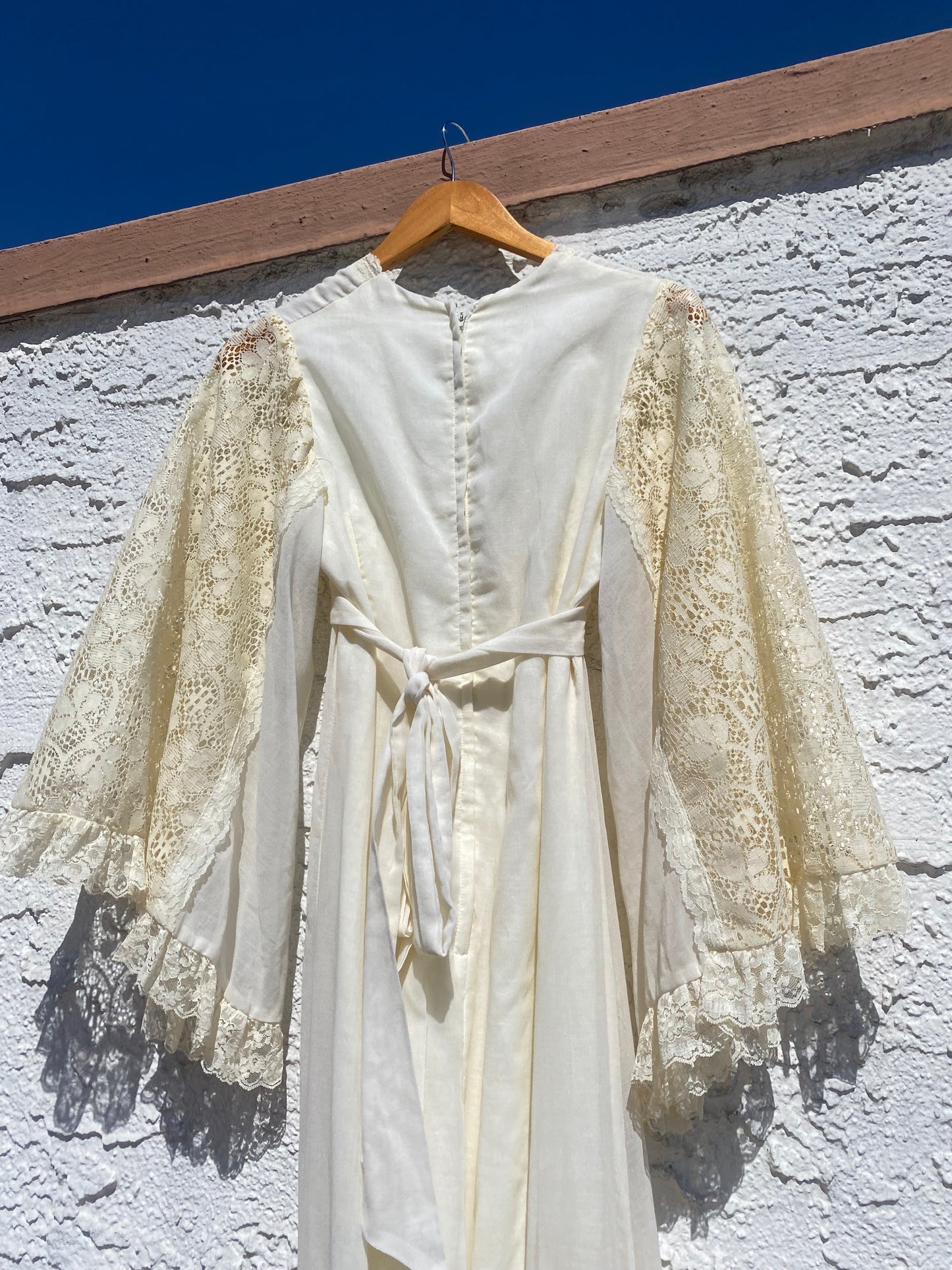 Vintage 1970s Lace Angel Sleeve Empire Waist Maxi Dress