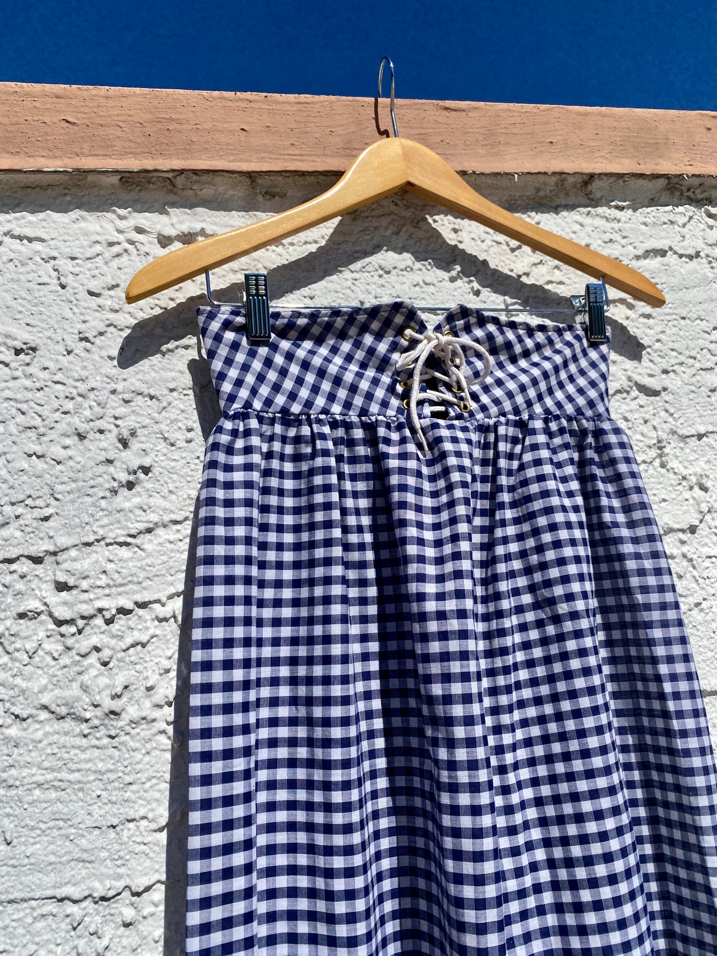 Vintage 1970s Blue and White Gingham Lace-Up Prairie Maxi Skirt