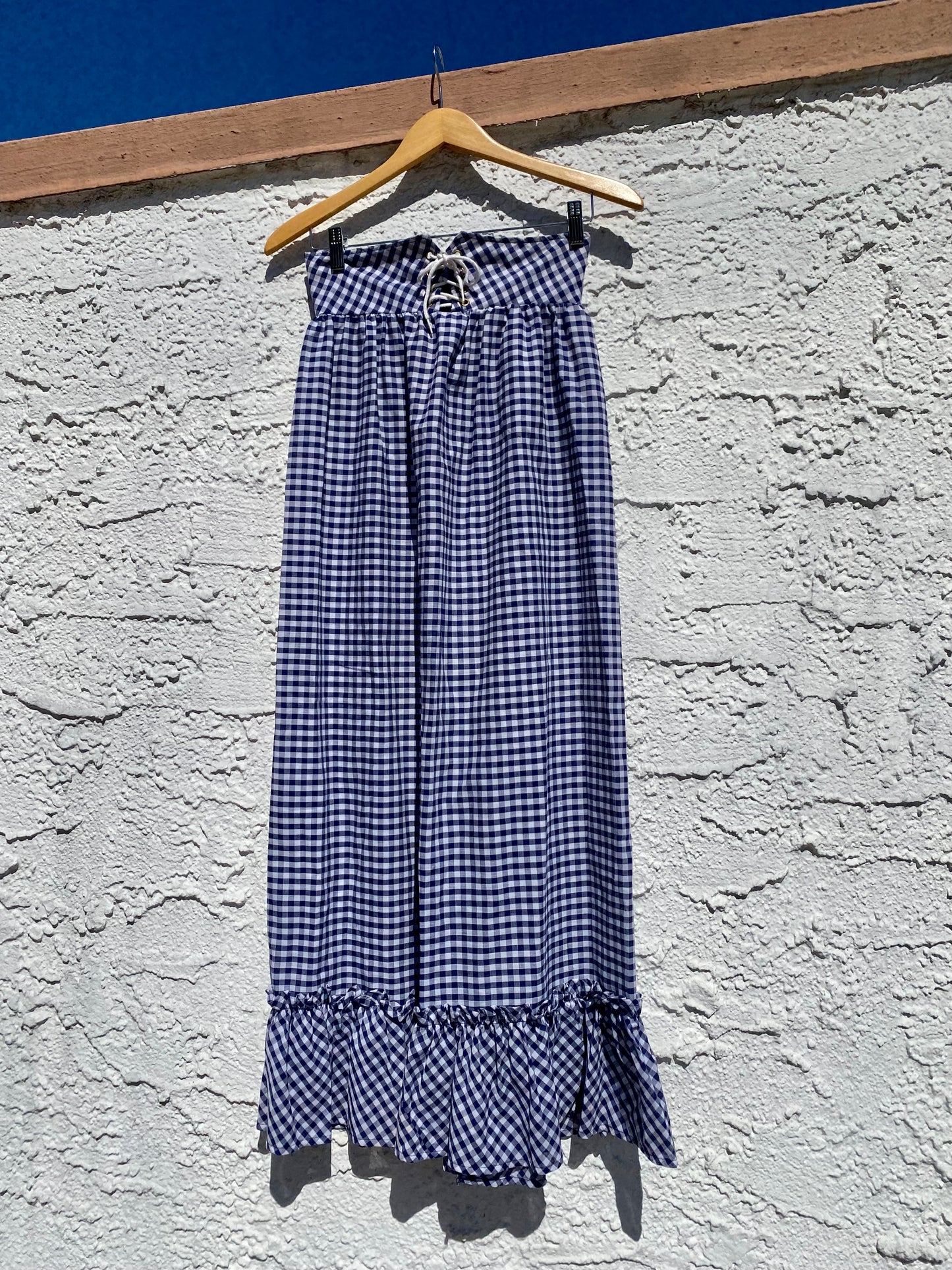 Vintage 1970s Blue and White Gingham Lace-Up Prairie Maxi Skirt