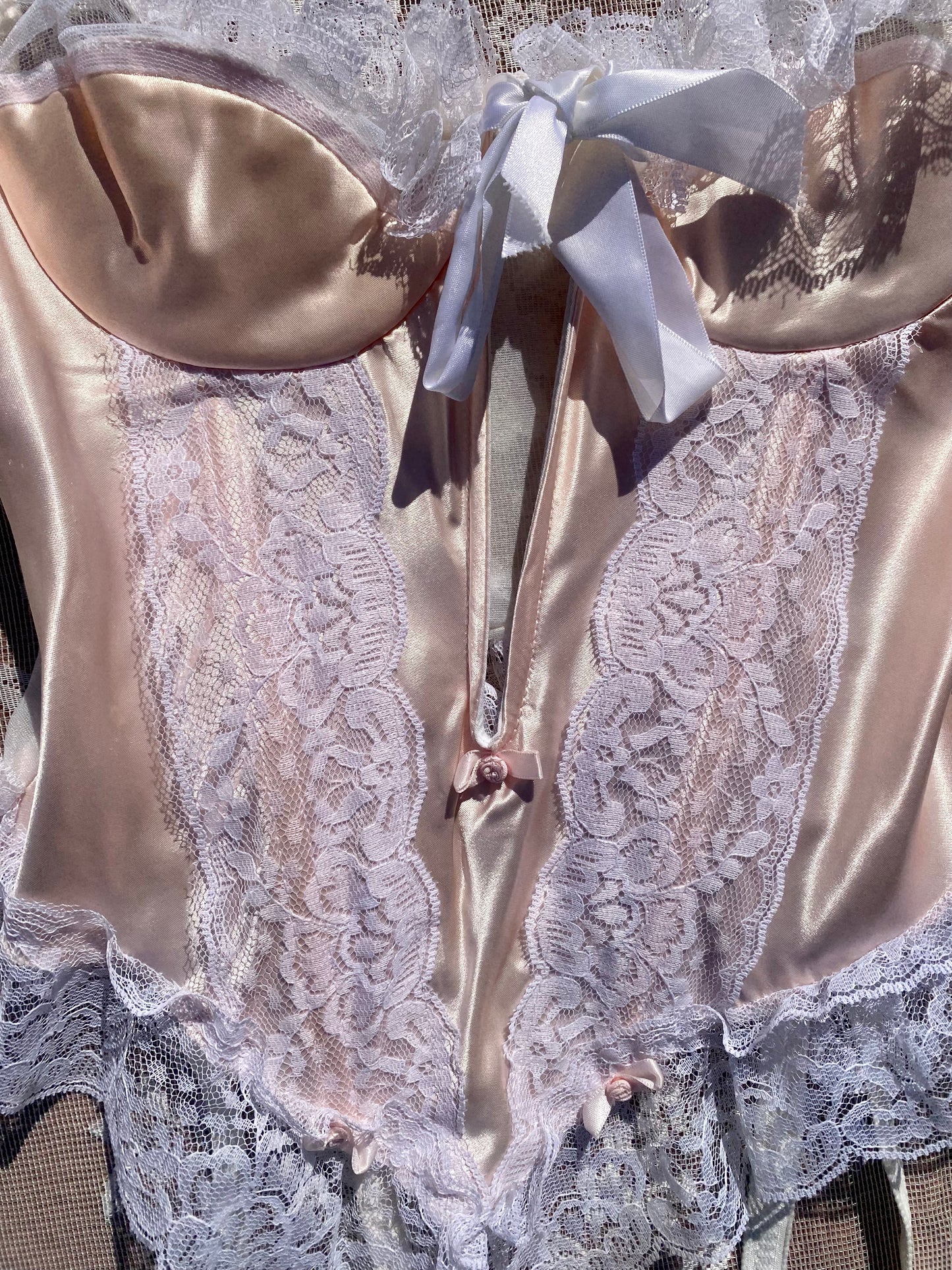 Vintage Champagne Pink Satin & Lace Bustier with Garters