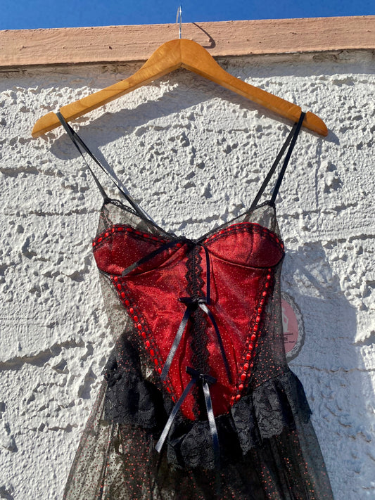 Vintage Deadstock Red and Black Bordello Corset Lingerie Dress