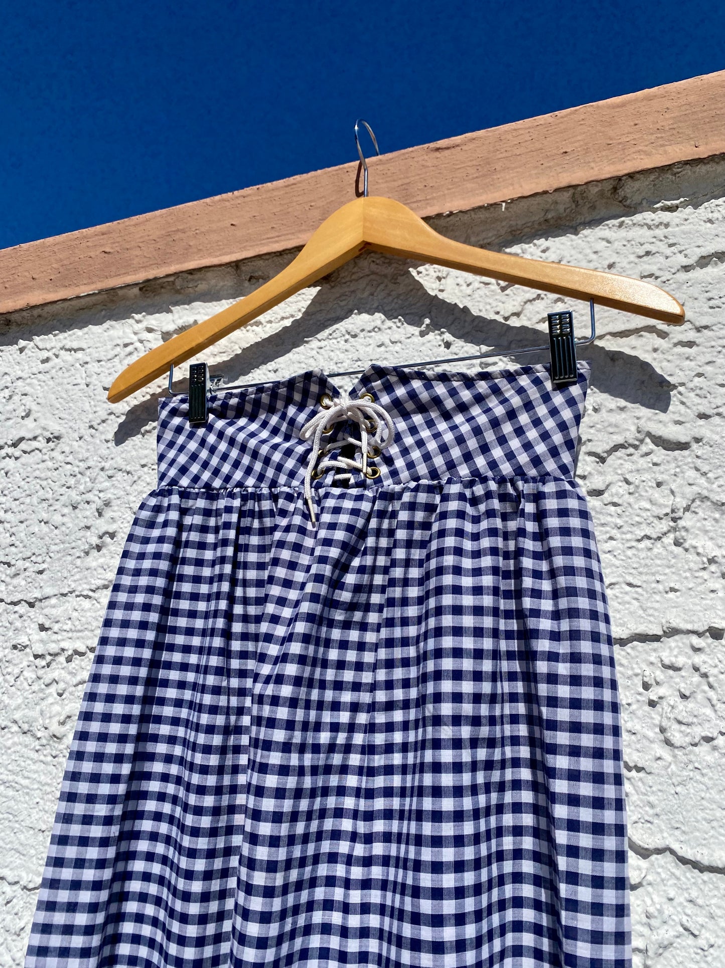 Vintage 1970s Blue and White Gingham Lace-Up Prairie Maxi Skirt