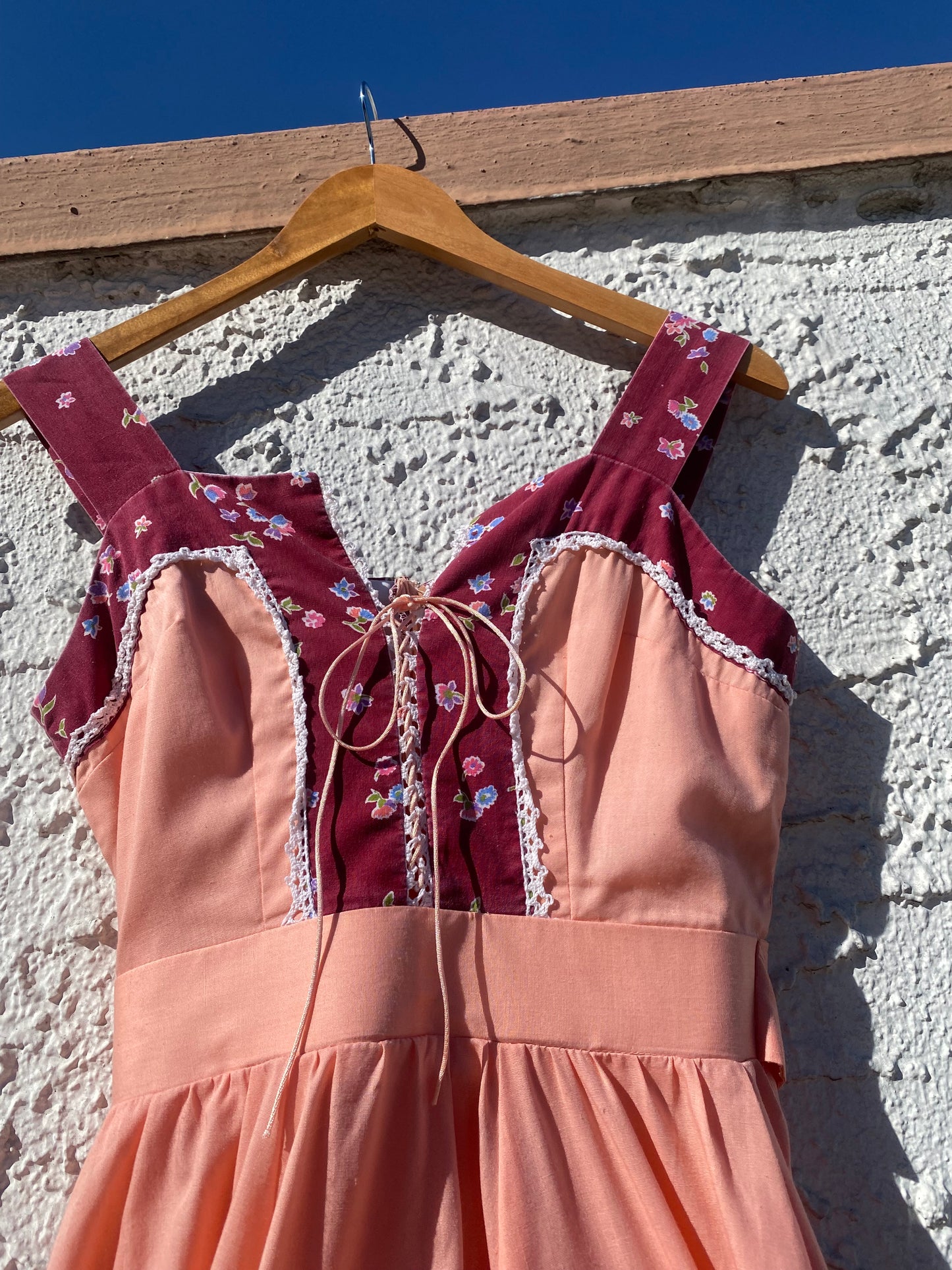 Vintage 60s 70s Peach Peasant Prairie Dress