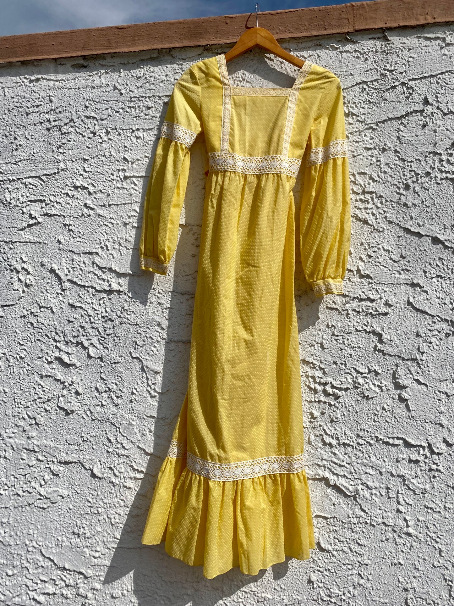 Vintage 1970s Dandelion Yellow Swiss Dot Prairie Maxi Dress