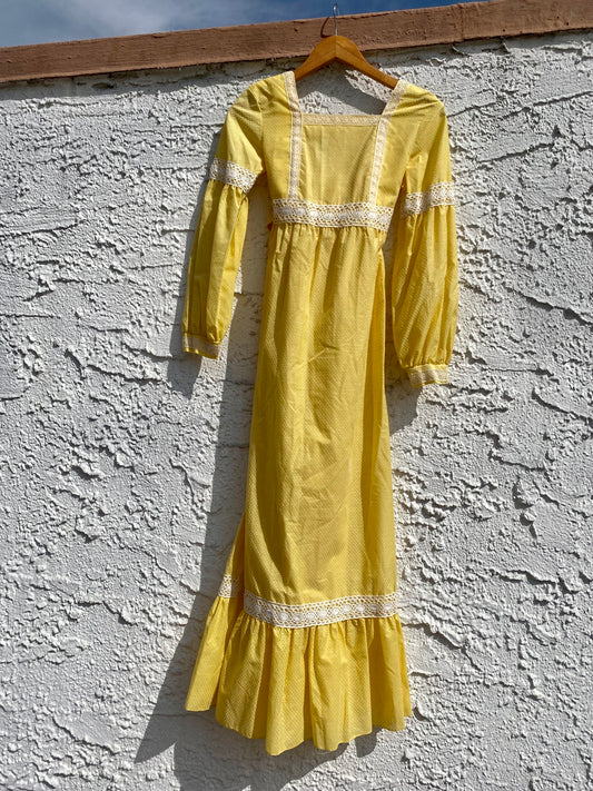 Vintage 1970s Dandelion Yellow Swiss Dot Prairie Maxi Dress
