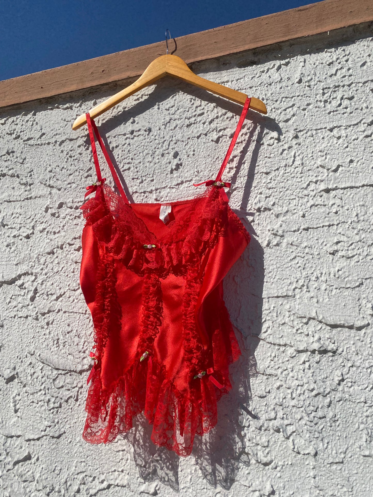Vintage Scarlet Satin Lace Ruffle  Rosette Cami