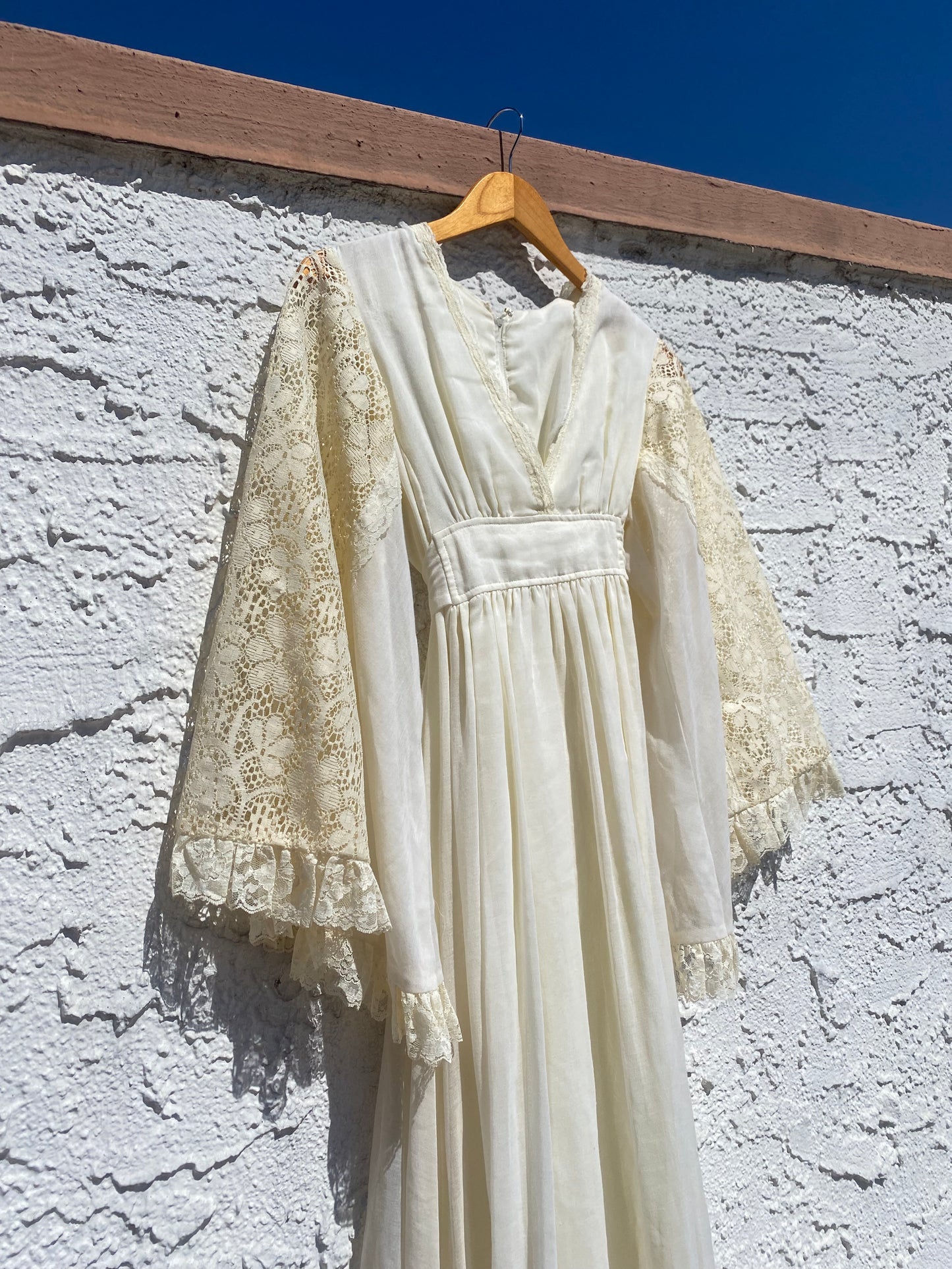 Vintage 1970s Lace Angel Sleeve Empire Waist Maxi Dress