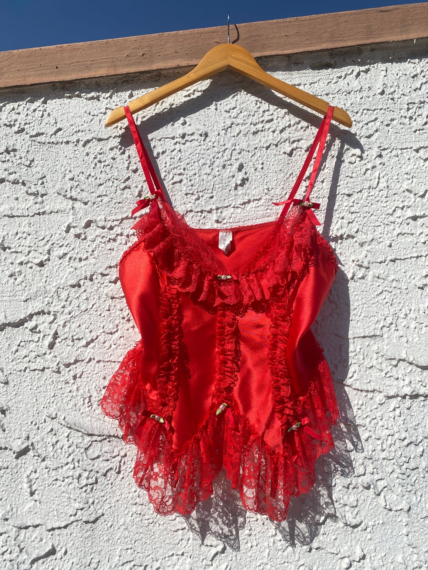 Vintage Scarlet Satin Lace Ruffle  Rosette Cami