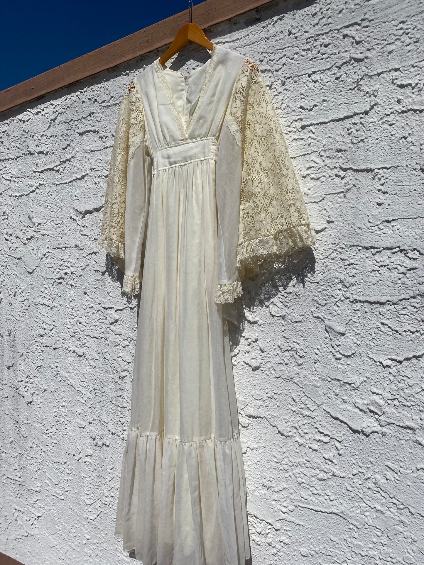 Vintage 1970s Lace Angel Sleeve Empire Waist Maxi Dress