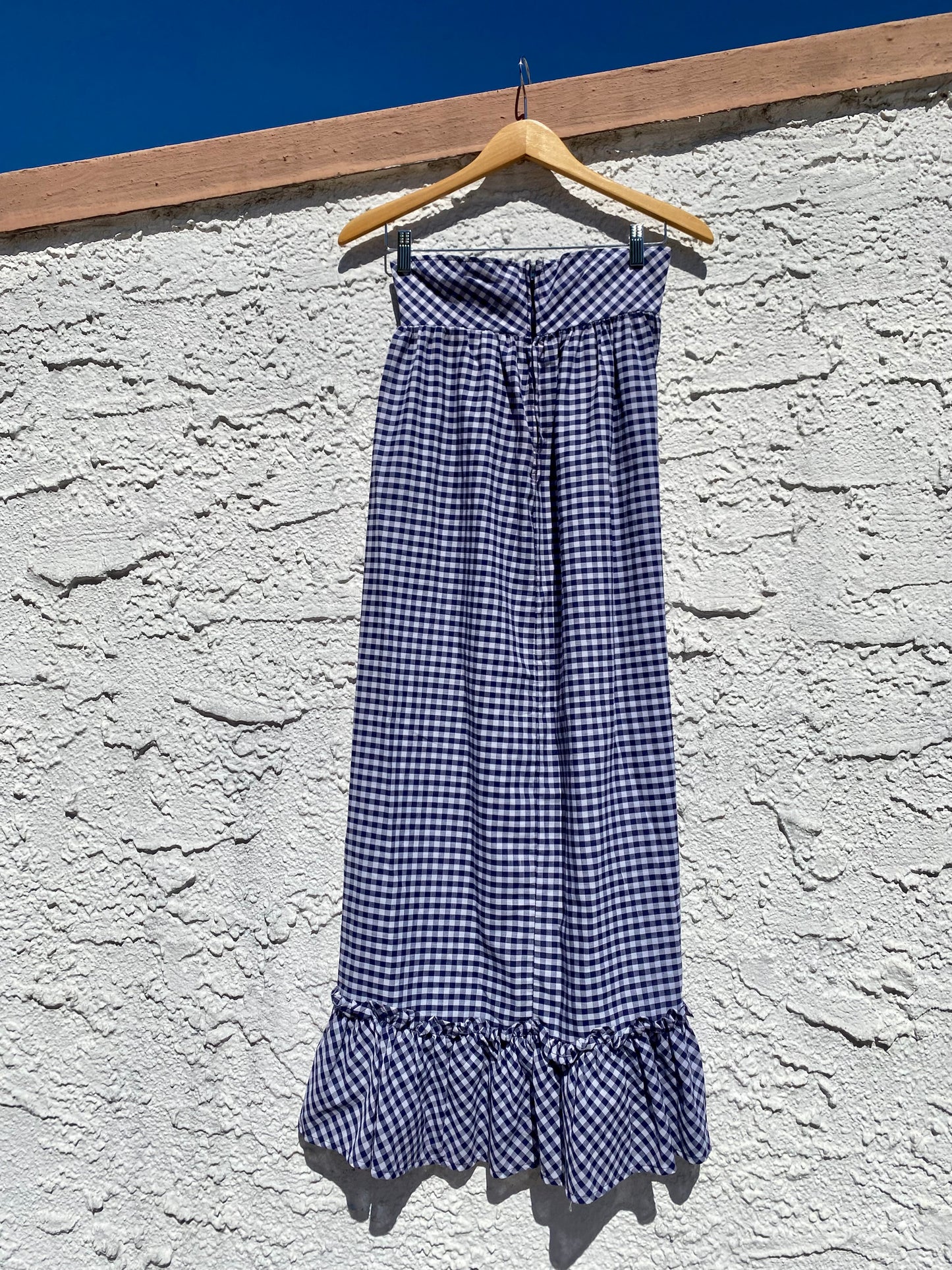 Vintage 1970s Blue and White Gingham Lace-Up Prairie Maxi Skirt