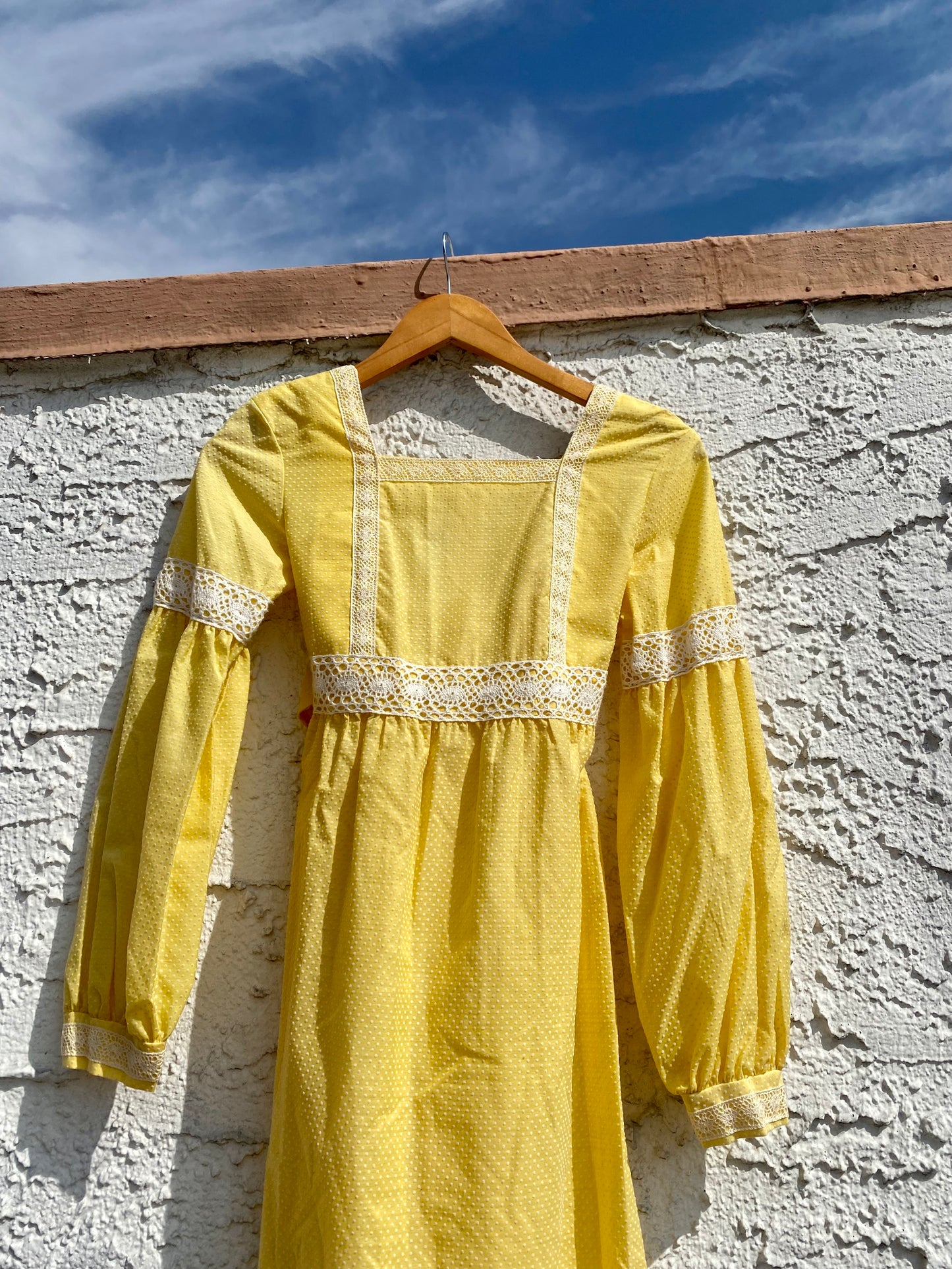 Vintage 1970s Dandelion Yellow Swiss Dot Prairie Maxi Dress