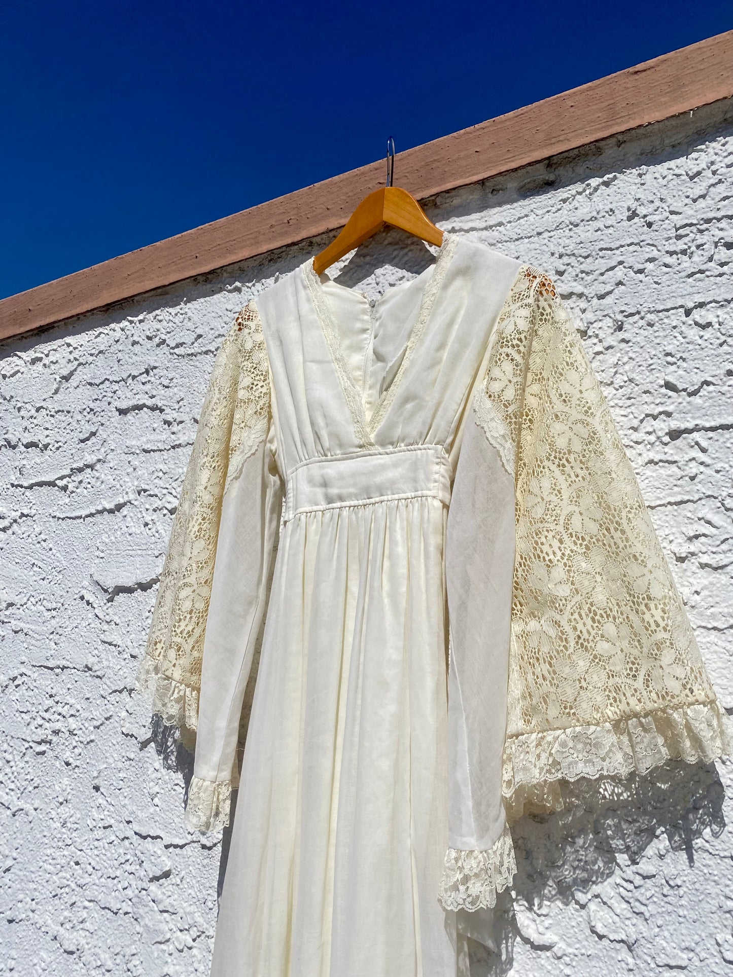 Vintage 1970s Lace Angel Sleeve Empire Waist Maxi Dress
