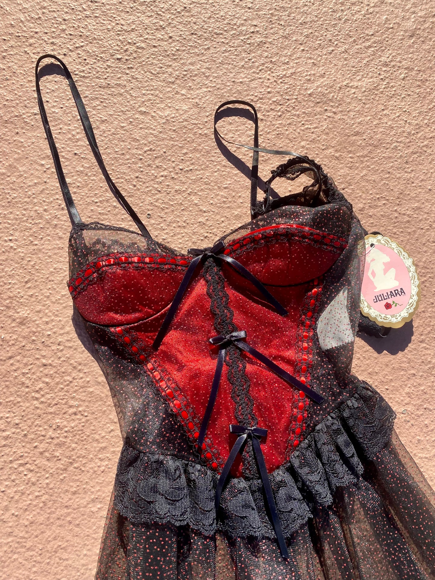 Vintage Deadstock Red and Black Bordello Corset Lingerie Dress