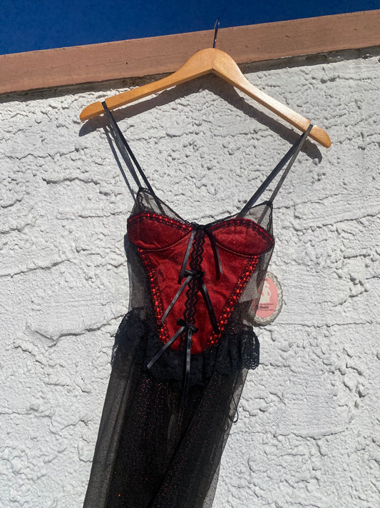 Vintage Deadstock Red and Black Bordello Corset Lingerie Dress