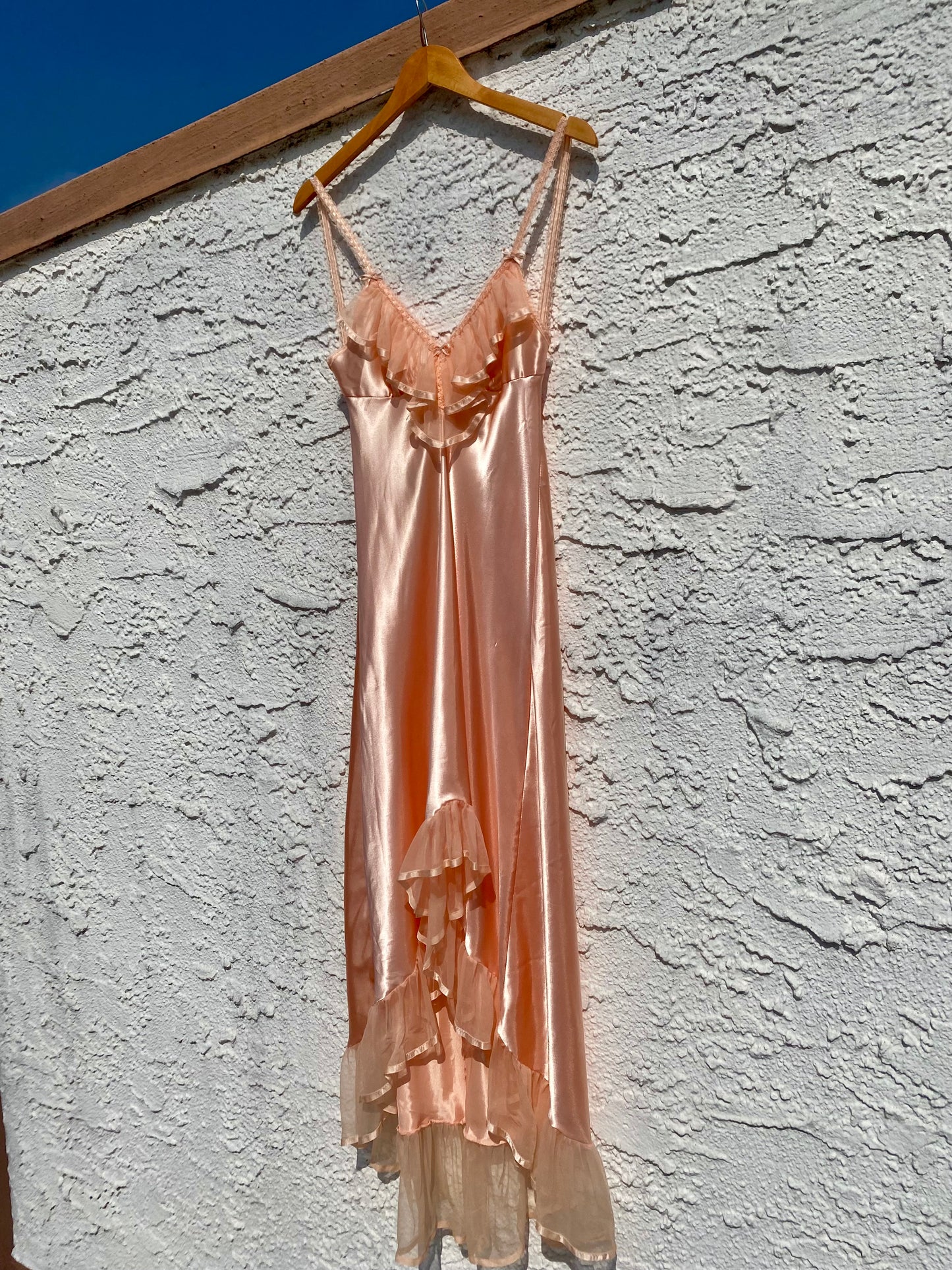 Vintage Peach Satin Ruffle Lounge Dress