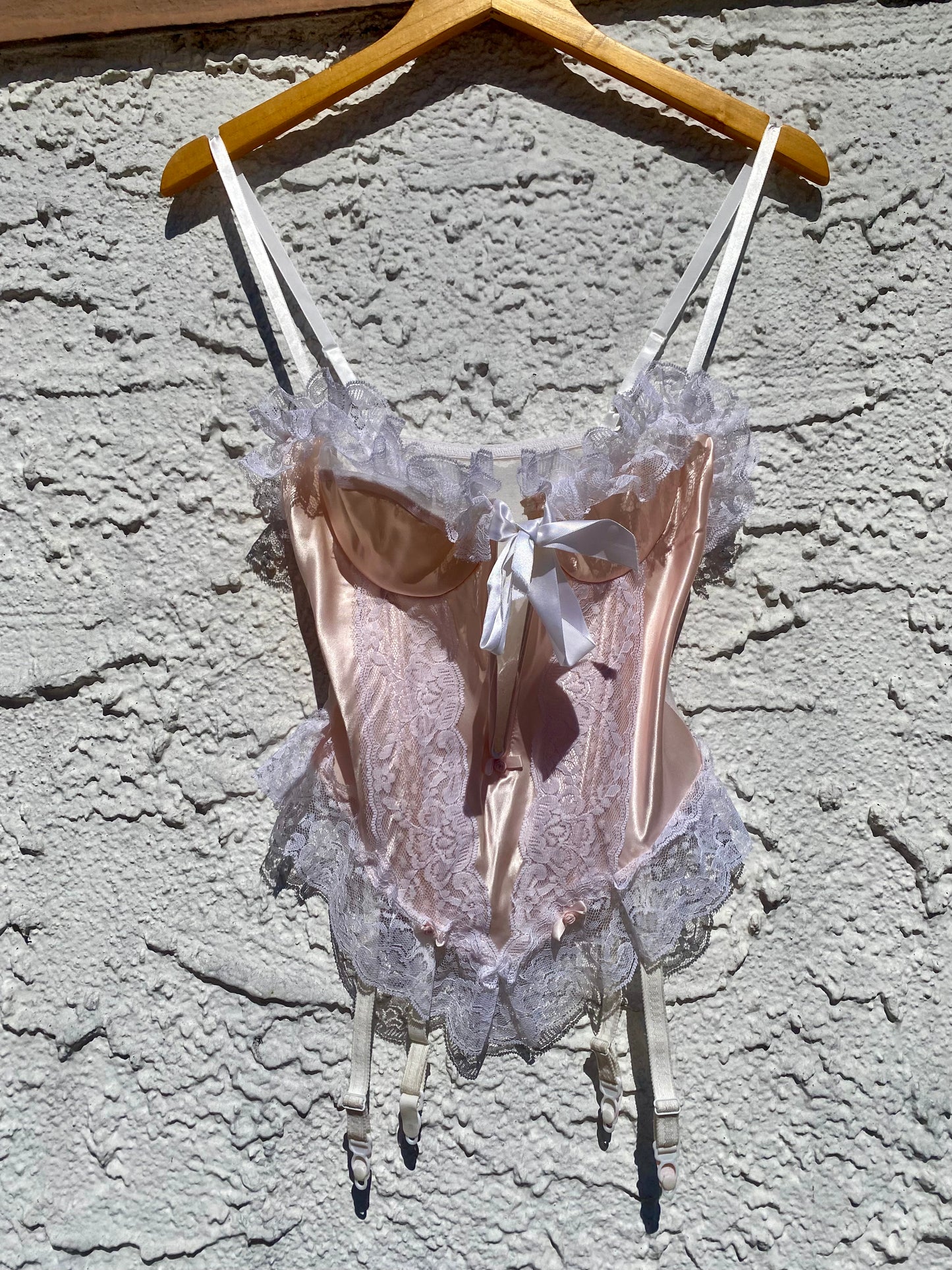 Vintage Champagne Pink Satin & Lace Bustier with Garters
