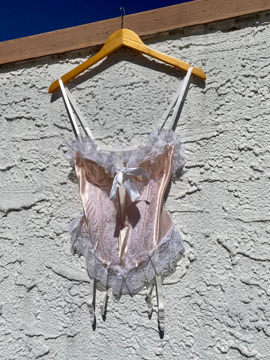 Vintage Champagne Pink Satin & Lace Bustier with Garters