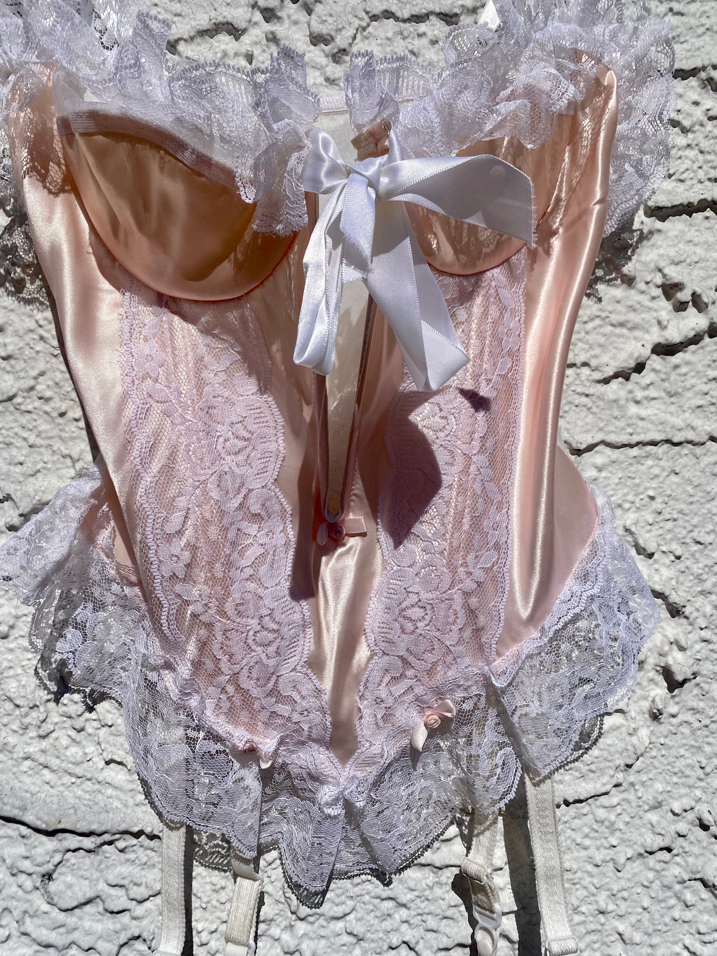 Vintage Champagne Pink Satin & Lace Bustier with Garters