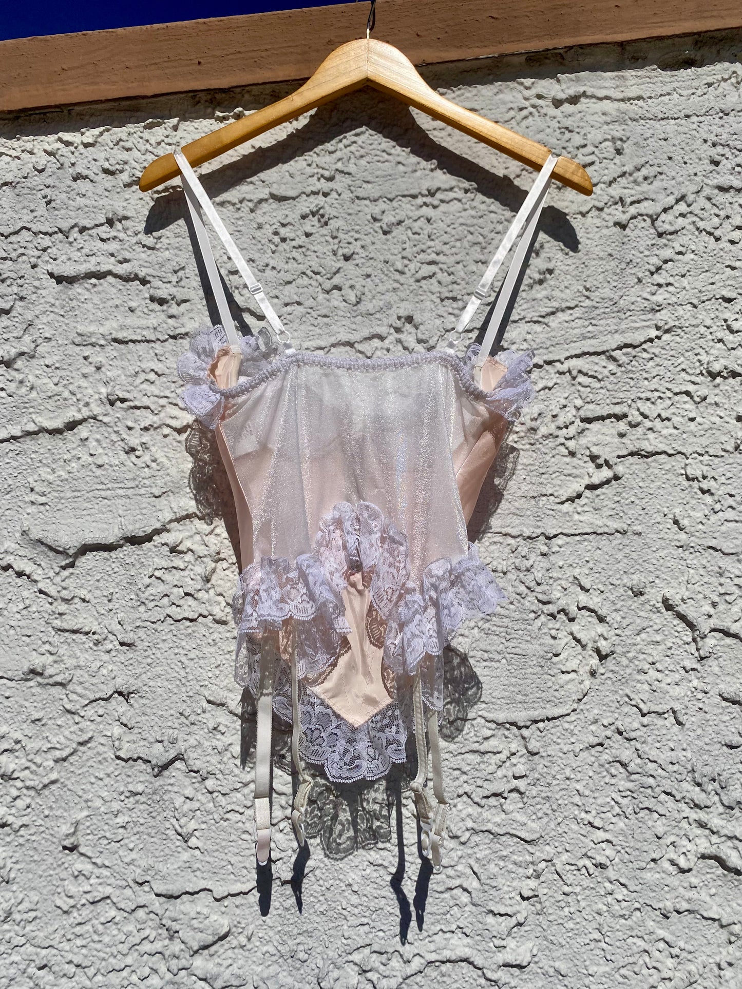 Vintage Champagne Pink Satin & Lace Bustier with Garters
