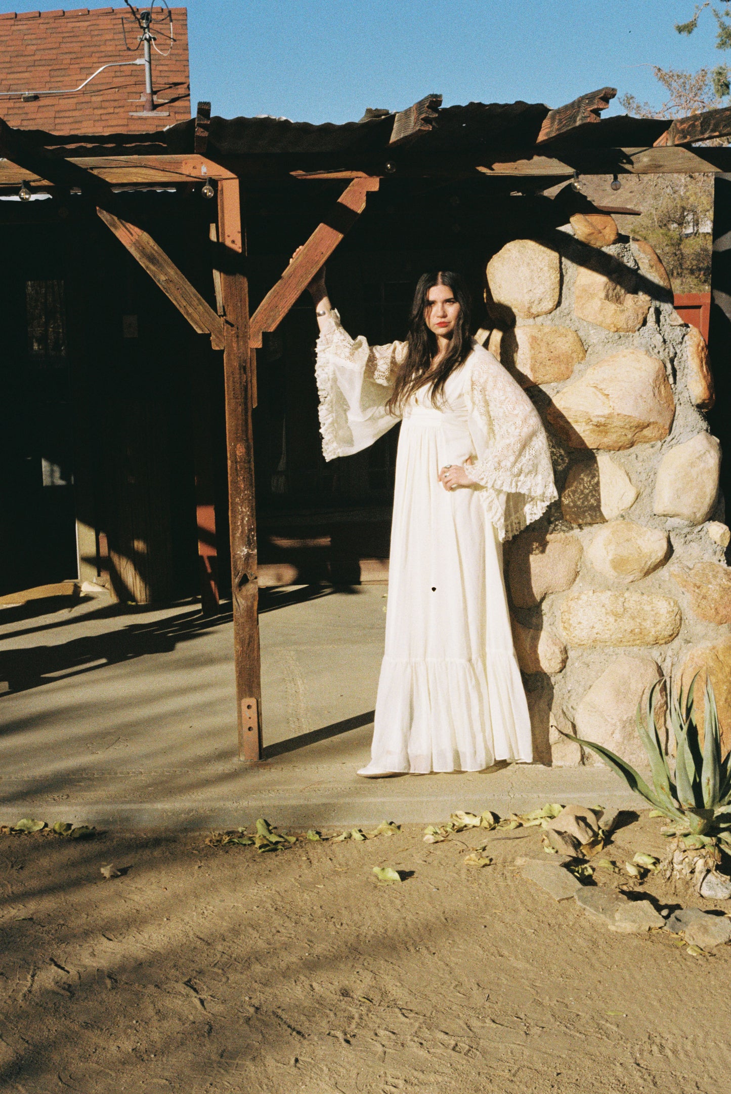 Vintage 1970s Lace Angel Sleeve Empire Waist Maxi Dress